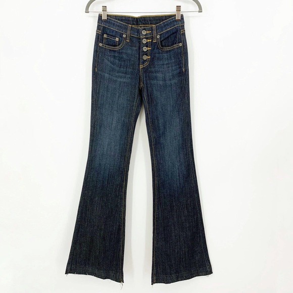 Carmar Denim - Carmar Flare Jeans Size 23 Medium Wash Mid Rise Stretch Denim Button Fly Raw Hem
